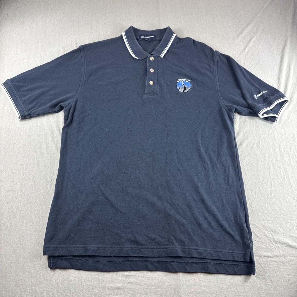 Boeing 777 Polo Mens L Blue Embroidered Airplane Short Sleeve Golf Shirt Preppy